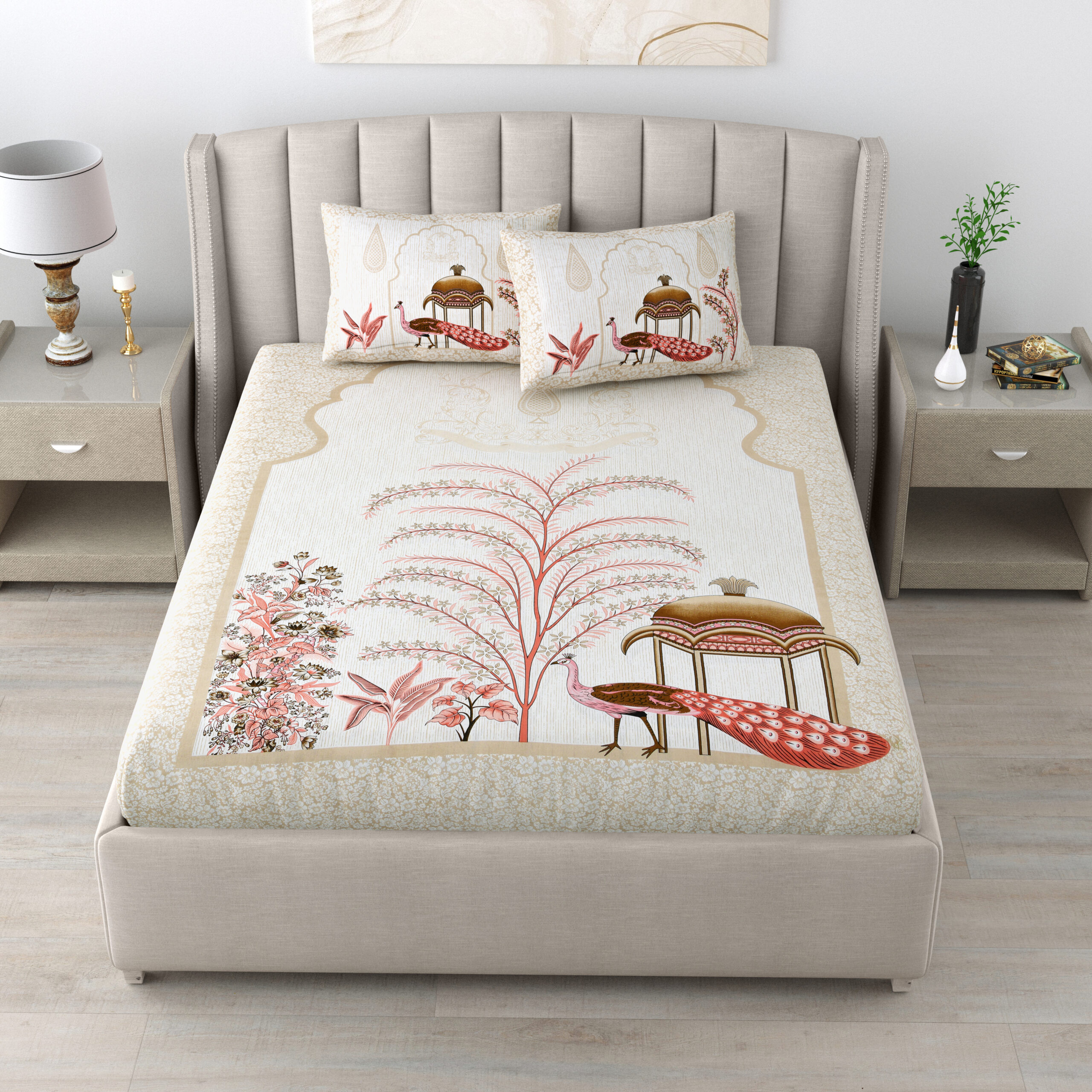 Antique White & Pink Peacock Print Cotton Bedsheet Set