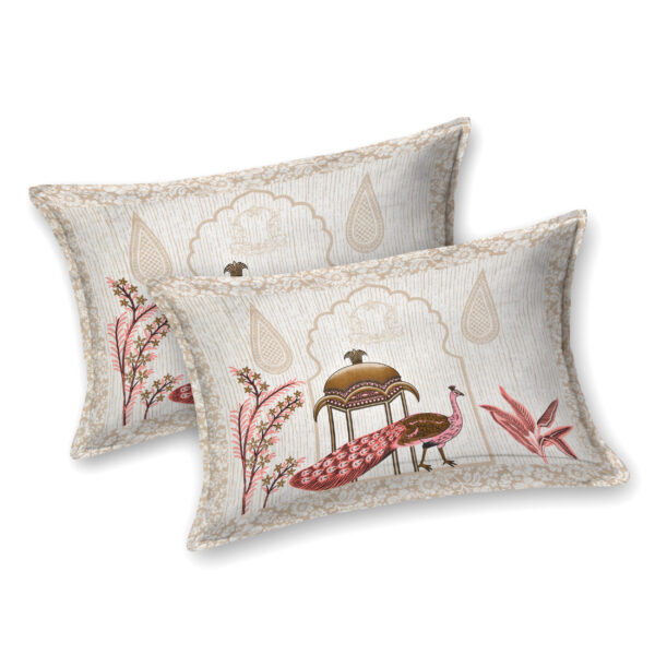 Antique White & Pink Peacock Print Cotton Bedsheet Set - Image 2