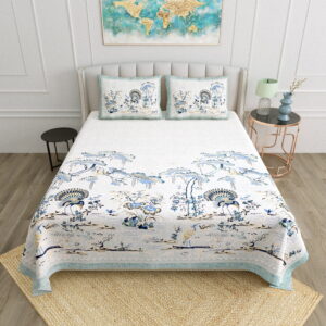 Chinoiserie Blue & White Bird Print Cotton Double Bedsheet Set