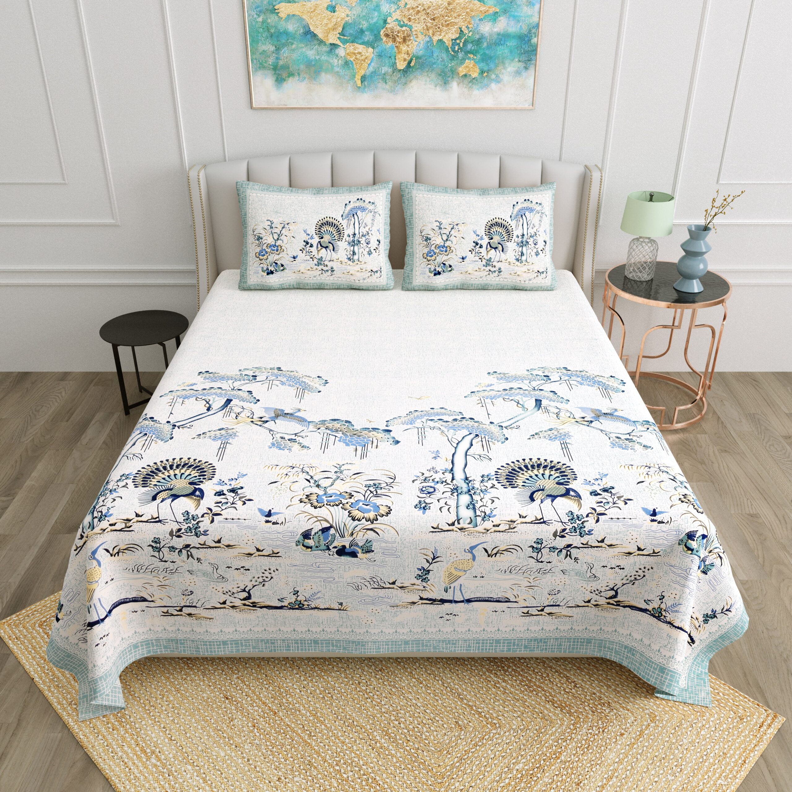 Blue Scenic Print Cotton Double Bedsheet with Pillow Covers | CastileIndia