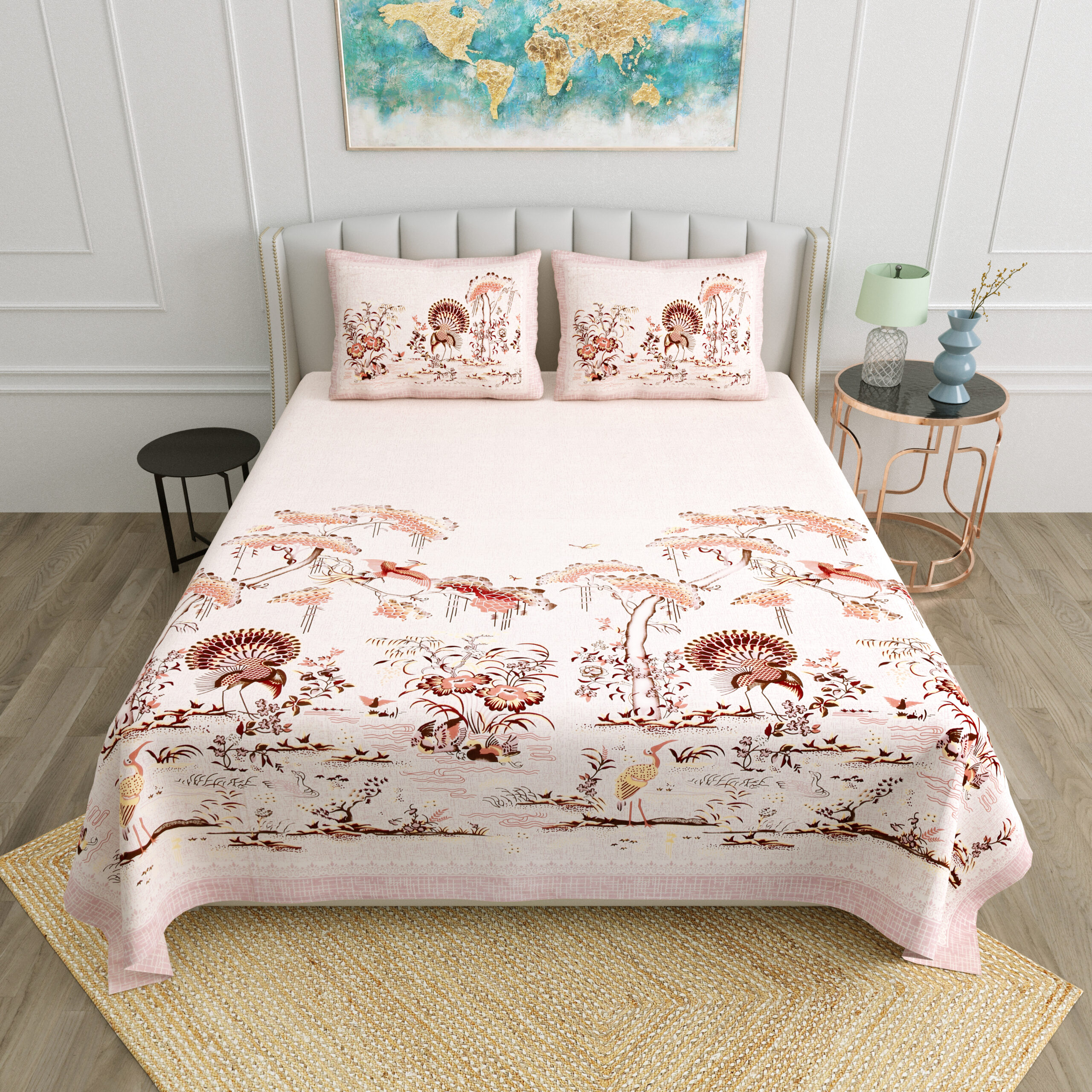 Blush Pink & Ivory Chinoiserie Cotton Double Bedsheet Set