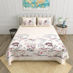 Elegant Beige Scenic Print Double Bedsheet