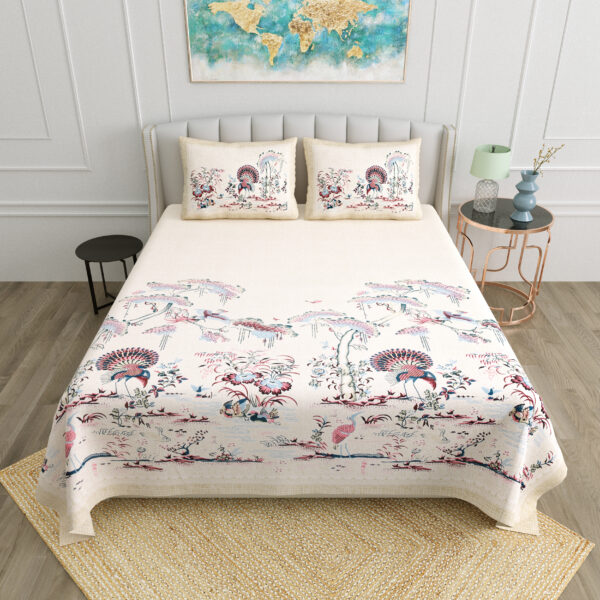 Elegant Beige Scenic Print Double Bedsheet