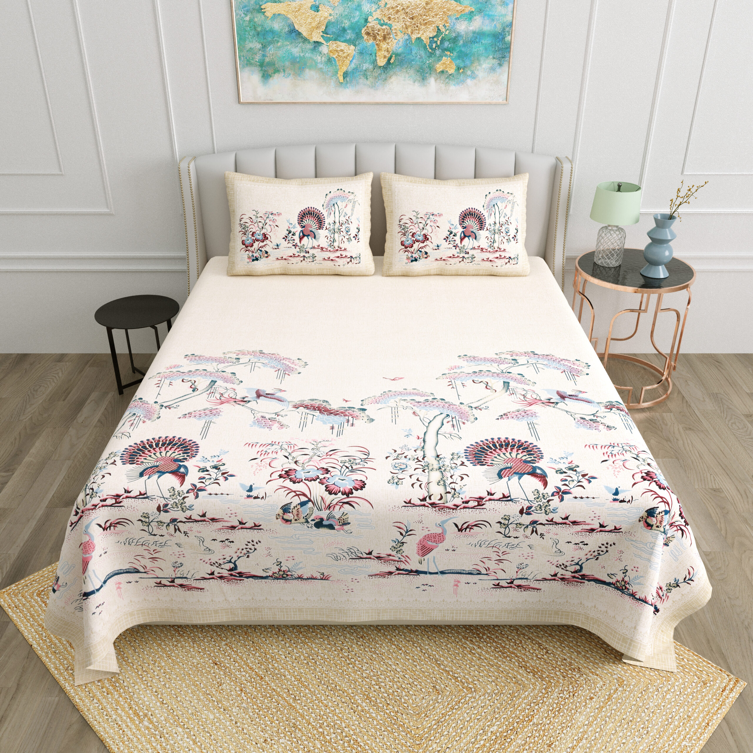 Beige Scenic Bird Print Cotton Double Bedsheet Set | CastileIndia