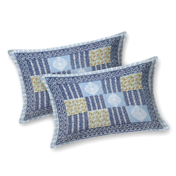 Blue/White Jaipuri Print Cotton Double Bedsheet + Covers | CastileIndia - Image 5