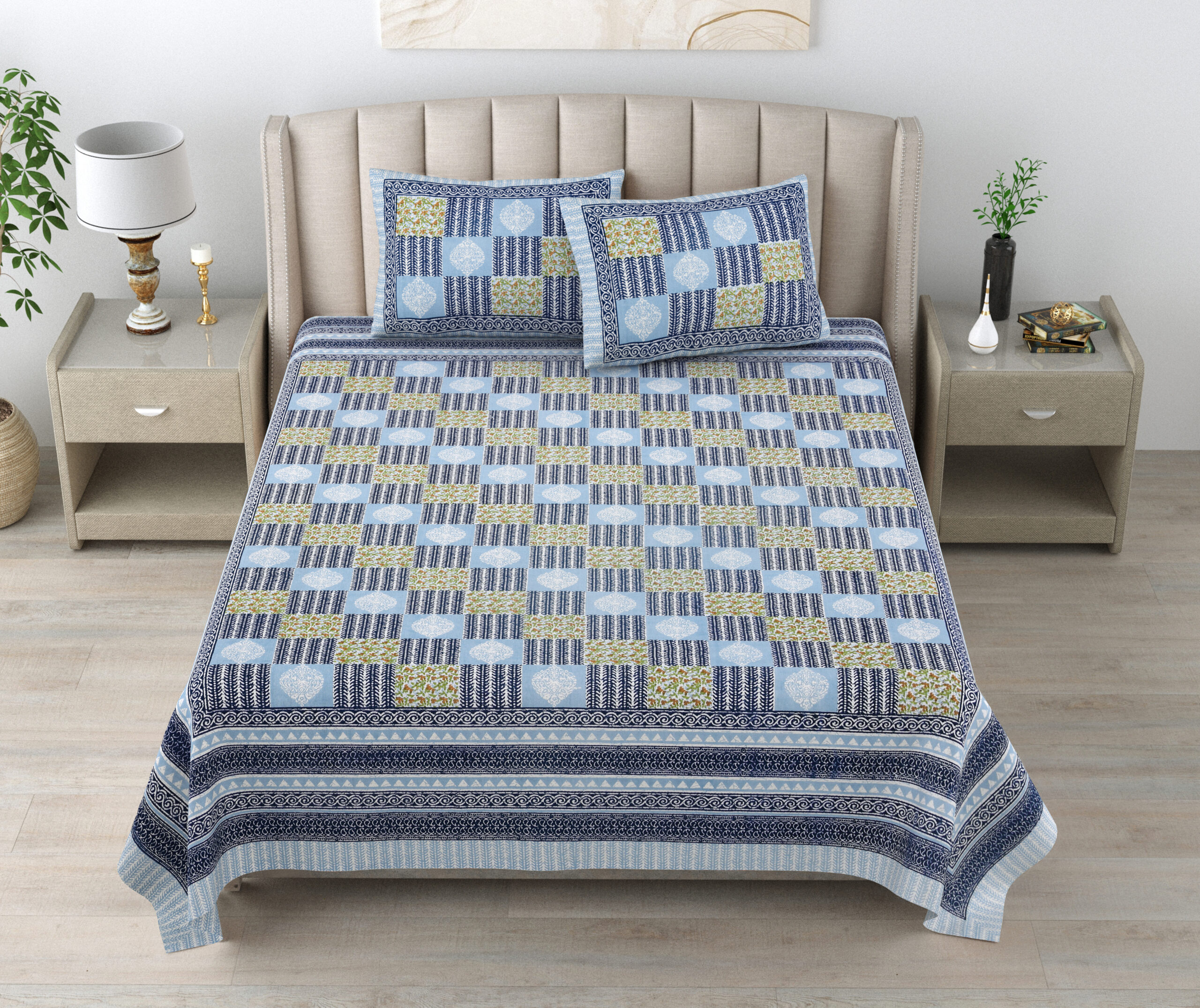 Blue/White Jaipuri Print Cotton Double Bedsheet + Covers | CastileIndia