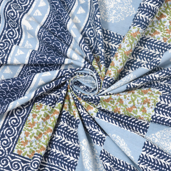 Blue/White Jaipuri Print Cotton Double Bedsheet + Covers | CastileIndia - Image 4