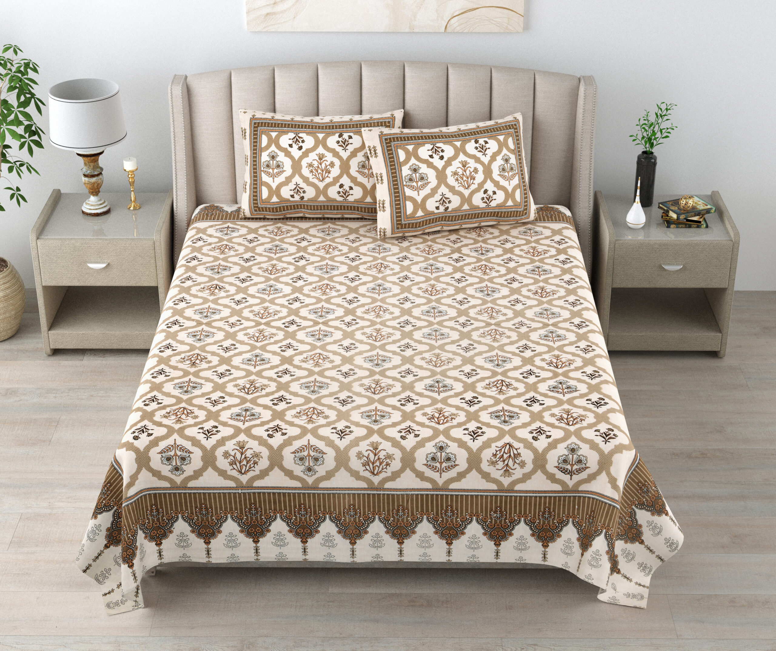 Traditional Beige and Brown Jaipuri Cotton Bedsheet Covers