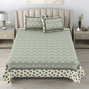 Green & Beige Block Print Double Bedsheet