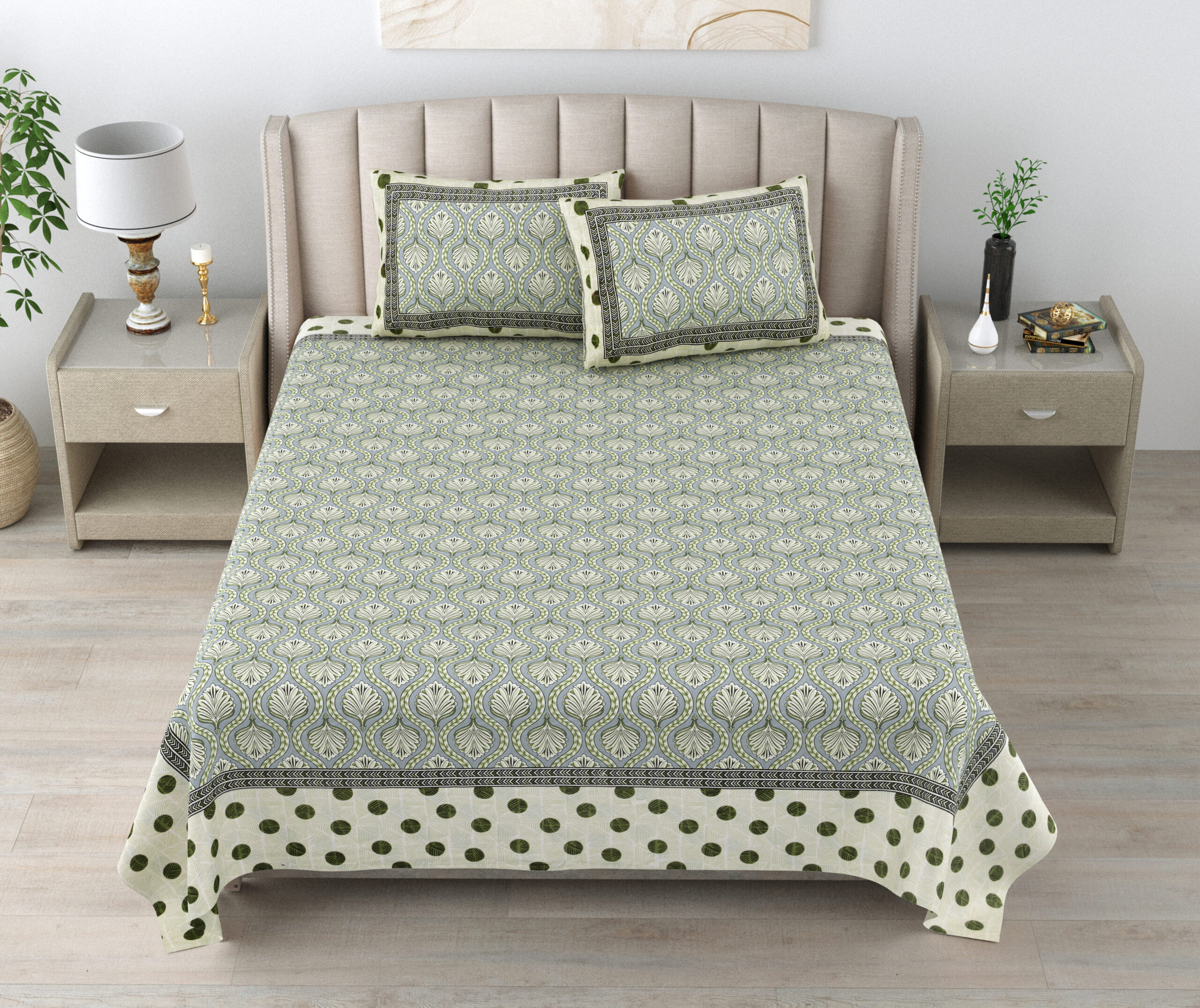 Green And Beige Block Print Cotton Double Bedsheet | CastileIndia