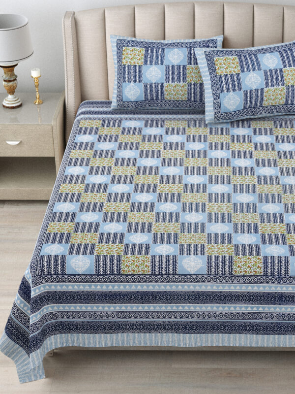 Blue/White Jaipuri Print Cotton Double Bedsheet + Covers | CastileIndia - Image 3