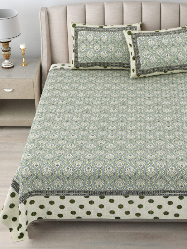Green And Beige Block Print Cotton Double Bedsheet | CastileIndia - Image 5